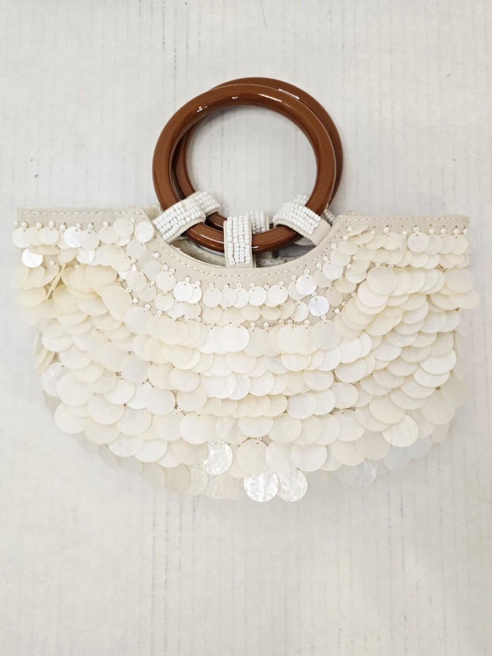 Ivory Sequin Mini Bag with Brown Resin Handles